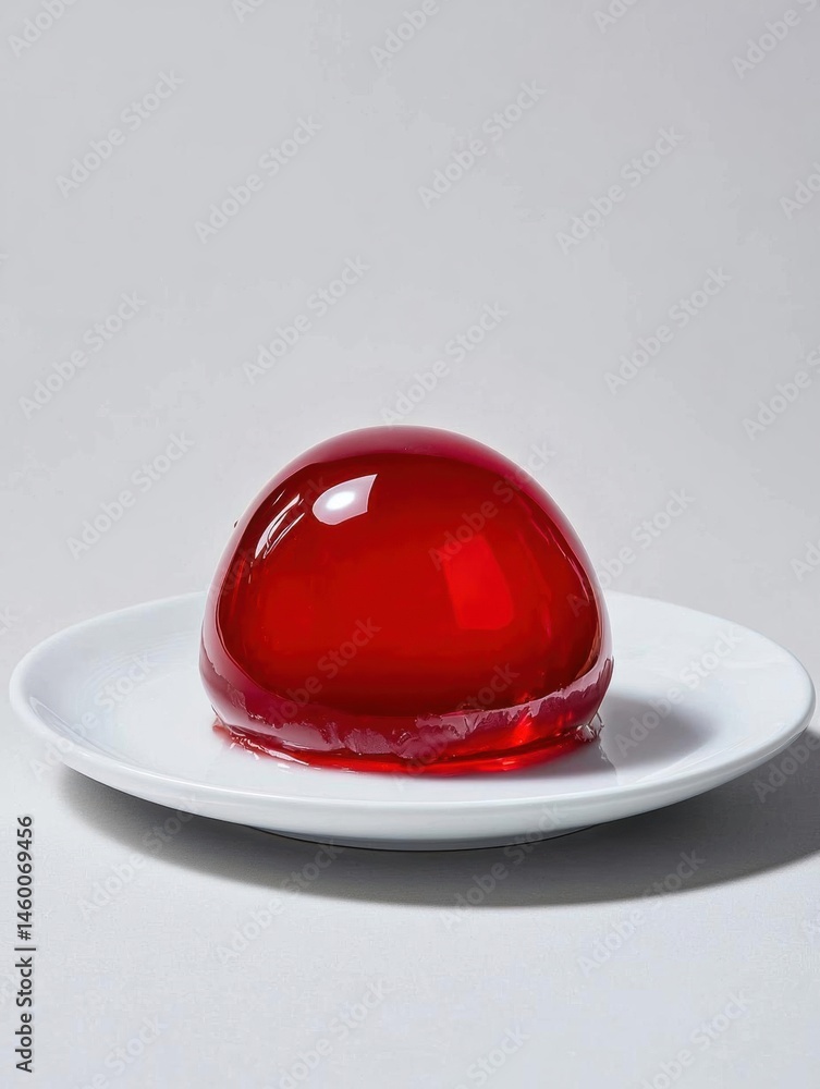 Single red jelly-like object on a white plate. the jelly appears to be smooth and shiny, with a smooth surface and a glossy finish. it is spherical in shape and has a smooth texture. Single red jelly-like object on a white plate. the jelly appears to be smooth and shiny, with a smooth surface and a glossy finish. it is spherical in shape and has a smooth texture.