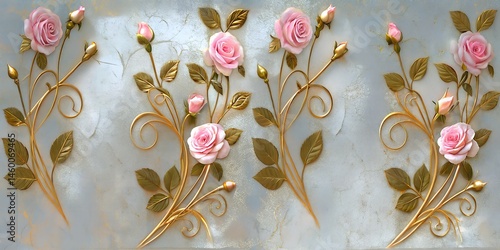 Light pink roses and buds with decorative gold leaves grace a cloudy patterned backdrop
