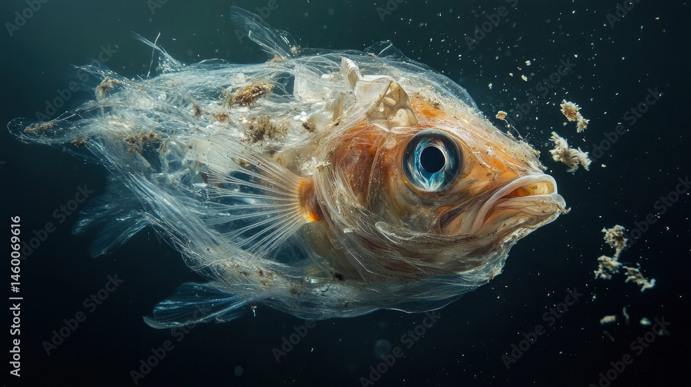 Fototapeta premium An ultra-detailed, high-resolution underwater photograph capturing a fish entangled in plastic waste