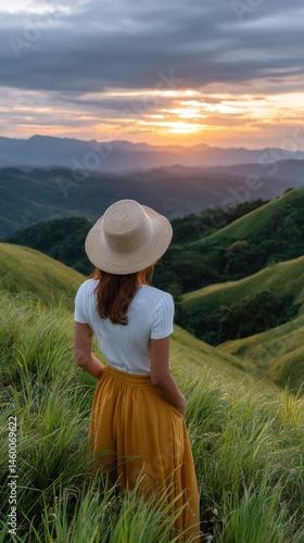 Woman in Hat Contemplates Mountain Sunset Serene Vista Tranquil Scene in Nature