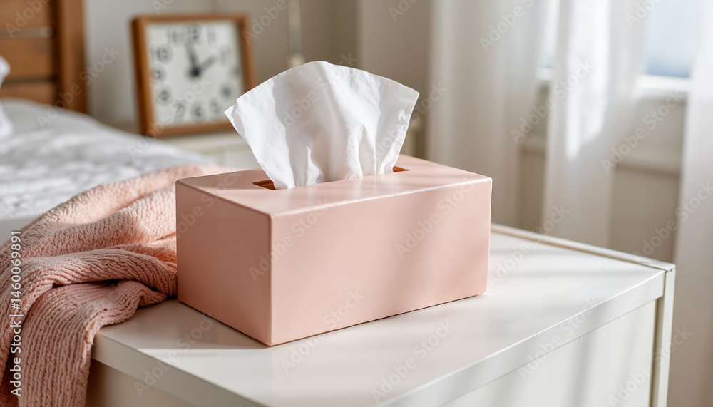 Cozy bedroom with a pink tissue box on a bedside table near a soft blanket and a clock on the wall Cozy bedroom with a pink tissue box on a bedside table near a soft blanket and a clock on the wall