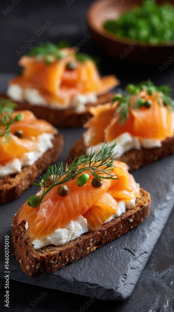 Smoked Salmon Appetizers on Rye Bread with Cream Cheese and Dill on Slate Platter Smoked Salmon Appetizers on Rye Bread with Cream Cheese and Dill on Slate Platter