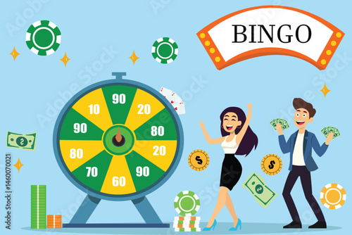 Lottery luck lucky win wheel spin game jackpot roulette concept. Vector graphic design illustration