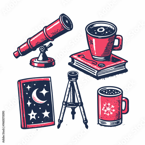 Hand drawn astronomer's tools collage. Vintage style. Vector illustration.