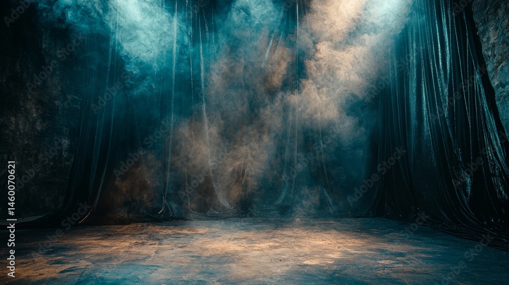 Obraz premium Fog on stage with curtain backdrop for theatrical drama mysterious lighting cinematic production mood artistic