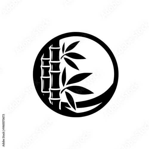 Minimalist Bamboo Silhouette Logo in Circle: Zen, Nature, Black and White Design