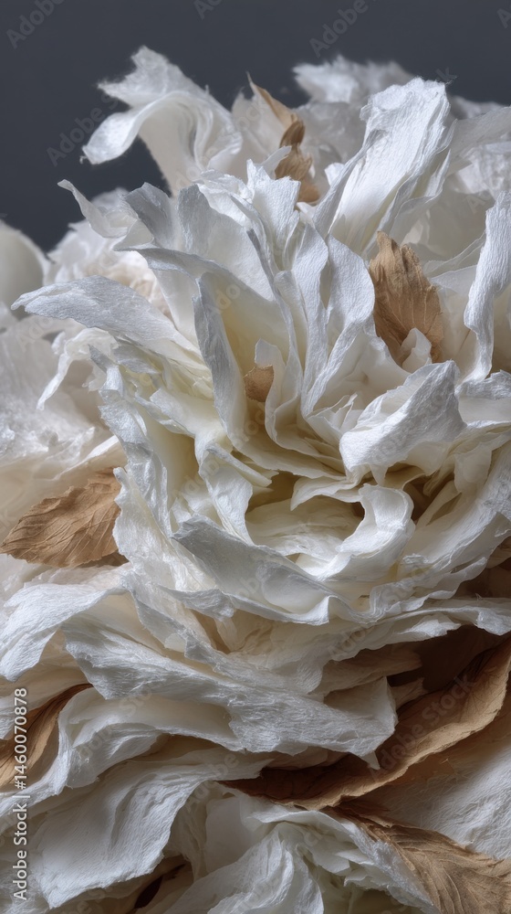 Abstract White Paper Flower Art Composition with Golden Leaves Abstract White Paper Flower Art Composition with Golden Leaves