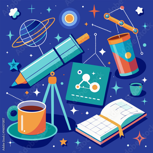 Astronomer's tools image. Cartoon vector illustration.