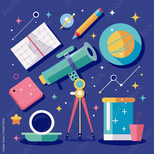 Astronomer's tools image. Cartoon vector illustration.