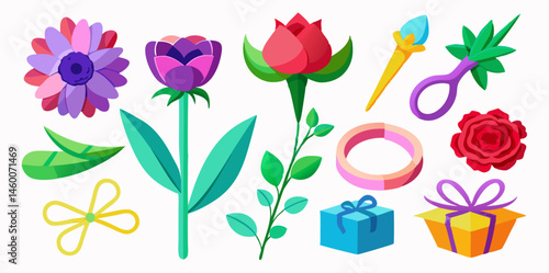Set of different flowers and florist tools images. Colorful cartoon icons isolated on white background. Vector illustration.
