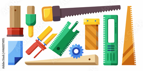 Set of different carpentry tools images. Colorful cartoon icons isolated on white background. Vector illustration.