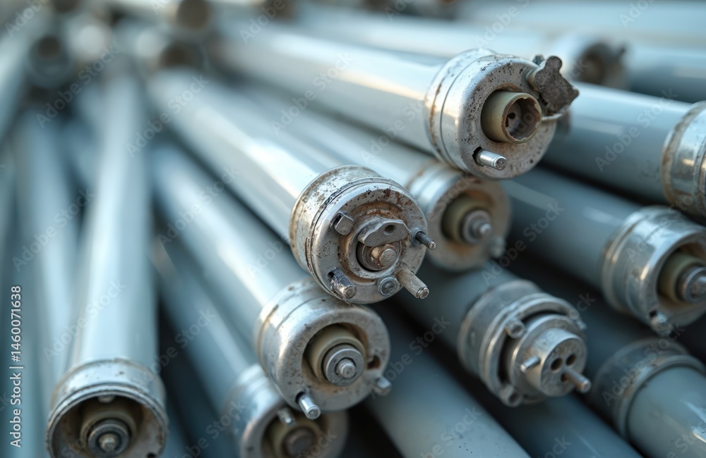 Close-up of old fluorescent lights tubes with rusted metal caps. Bulbs broken, damaged, illustrating problems of tech, waste, electricity, energy use, consumption, ecology, environment, save energy, Close-up of old fluorescent lights tubes with rusted metal caps. Bulbs broken, damaged, illustrating problems of tech, waste, electricity, energy use, consumption, ecology, environment, save energy,