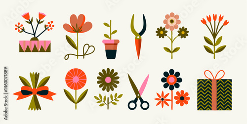 Set of different flowers and florist tools images. Flat colorful isolated icons. Vector illustration.