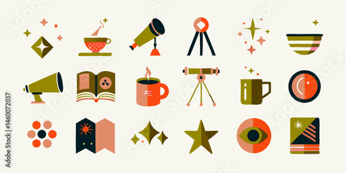 Set of different astronomer's tools images. Flat colorful isolated icons. Vector illustration.