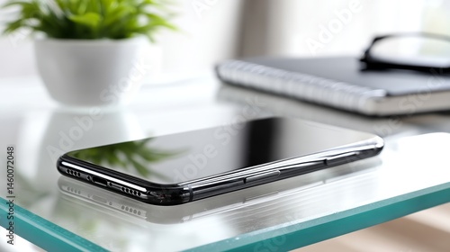 Wallpaper Mural Smartphone on Glass Desk - Modern technology, minimalist workspace, clean design, communication, business efficiency Torontodigital.ca