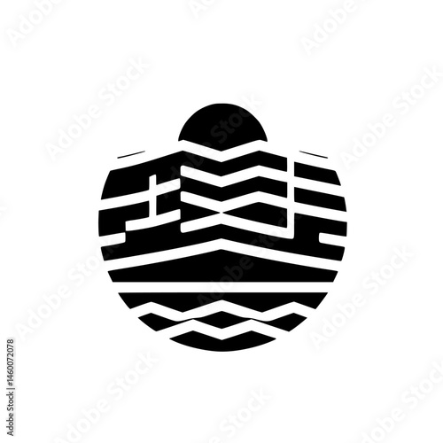 Abstract Geometric Sunrise Over Cityscape, Black and White Vector
