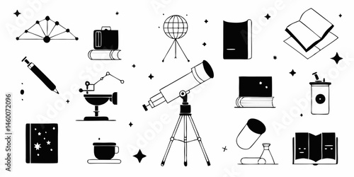 Set of different astronomer's tools line icons. Flat images isolated on white background. Vector illustration.