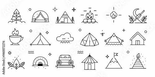 Set of different camping line icons. Flat black and white images isolated on white background. Vector illustration.