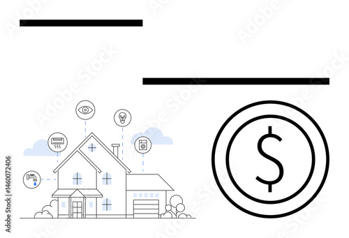 Connected smart home with icons for automation, energy efficiency, security, and cost-saving features. Large dollar sign emphasizing financial benefits. Ideal for technology, home improvement