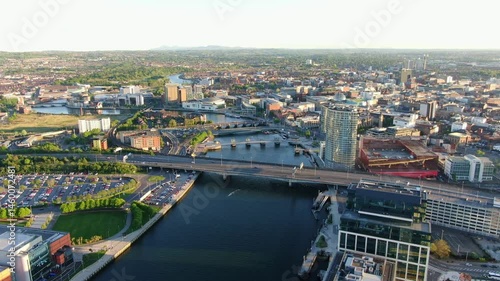 Aerial view on Lagan river and buildings in City centre of Belfast Northern Ireland. Drone photo, high angle view of town