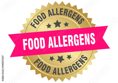 food allergens. food allergens round pink and gold label isolated on transparent background