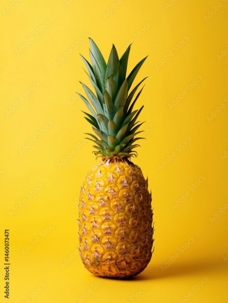 Photograph of a pineapple on a bright yellow background. the pineapple is in the center of the image, with its head facing towards the left side of the frame. Photograph of a pineapple on a bright yellow background. the pineapple is in the center of the image, with its head facing towards the left side of the frame.