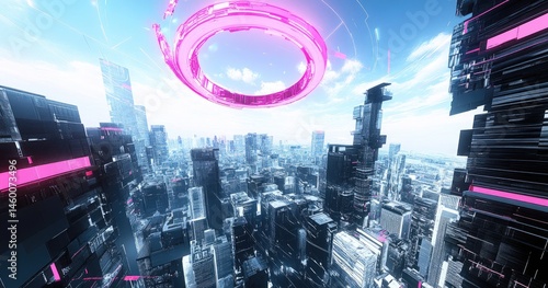Fototapeta Naklejka Na Ścianę i Meble -  Futuristic cityscape with glowing rings and technological structures.  Elevated aerial view of a modern metropolis with advanced architecture.  Digital rendering of a high-tech city