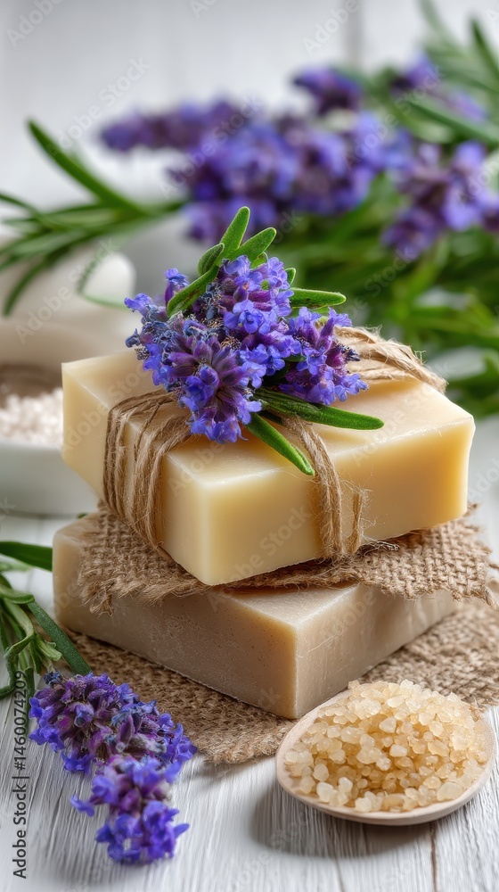 Artisan Soap Bars with Lavender Flowers and Bath Salts Organic Beauty Concept on White Wood Surface Artisan Soap Bars with Lavender Flowers and Bath Salts Organic Beauty Concept on White Wood Surface