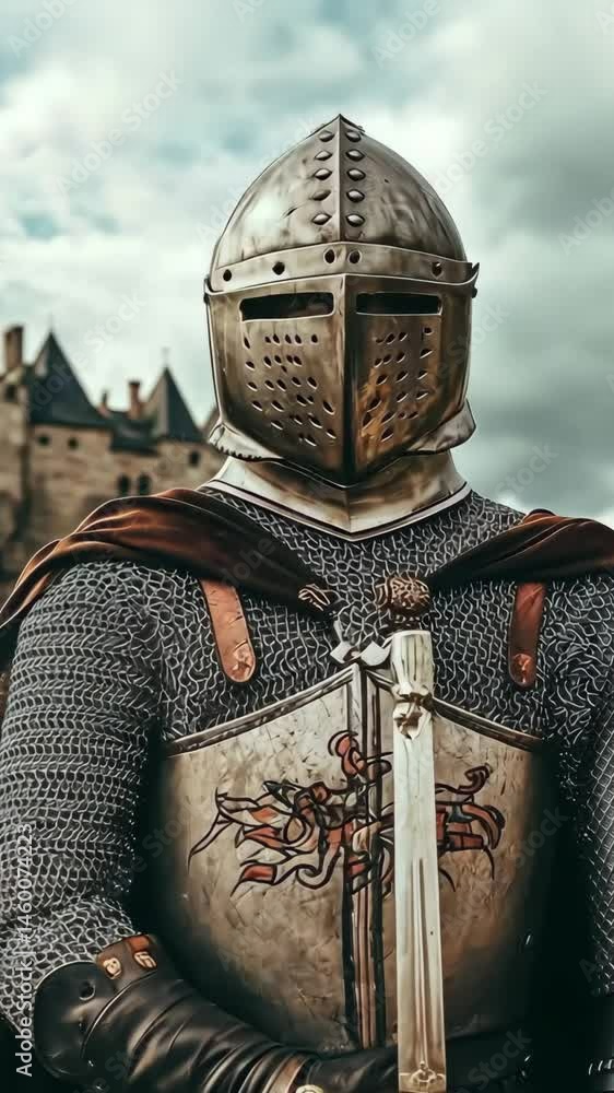 Medieval reenactor showcasing armor and sword near a historic castle site during a detailed event Medieval reenactor showcasing armor and sword near a historic castle site during a detailed event