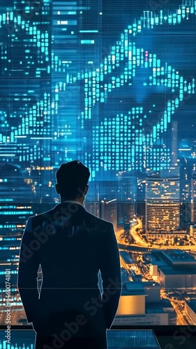Self made millionaire views city skyline from luxury penthouse with impressive digital display