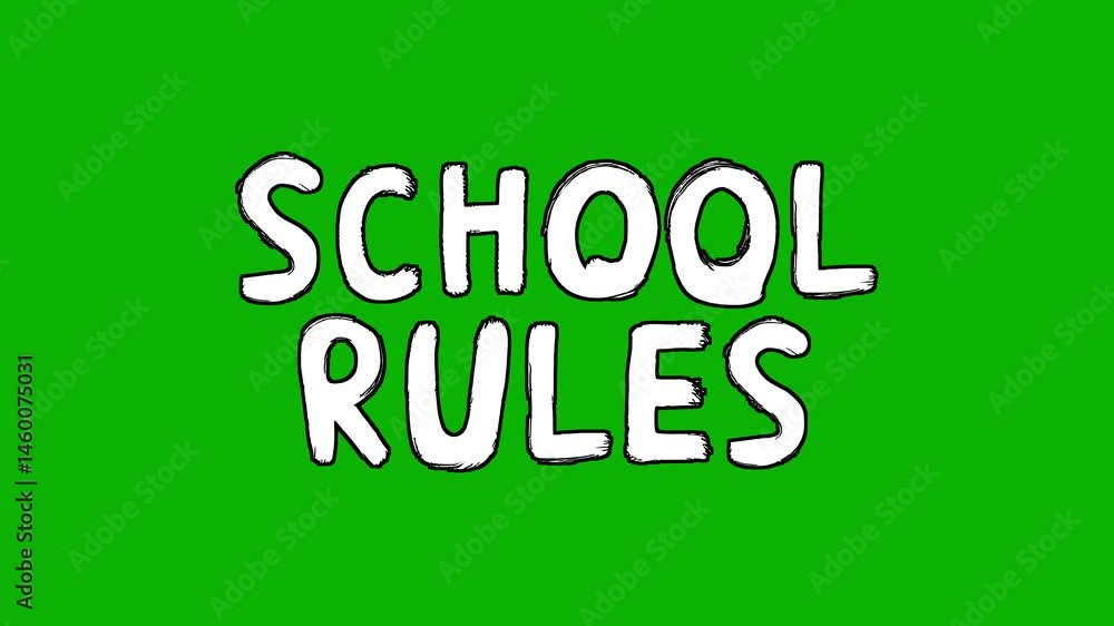 Stop-motion style animation of the phrase “SCHOOL RULES” in bold, hand-drawn letters with a dynamic wobble. A light-hearted yet attention-grabbing visual, perfect for classroom rules, school orientati Stop-motion style animation of the phrase “SCHOOL RULES” in bold, hand-drawn letters with a dynamic wobble. A light-hearted yet attention-grabbing visual, perfect for classroom rules, school orientati