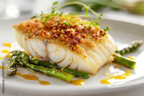 Golden crusted white fish with almond topping, oven baked with olive oil and lemon zest, paired with asparagus for a gourmet and nutritious dinner plate