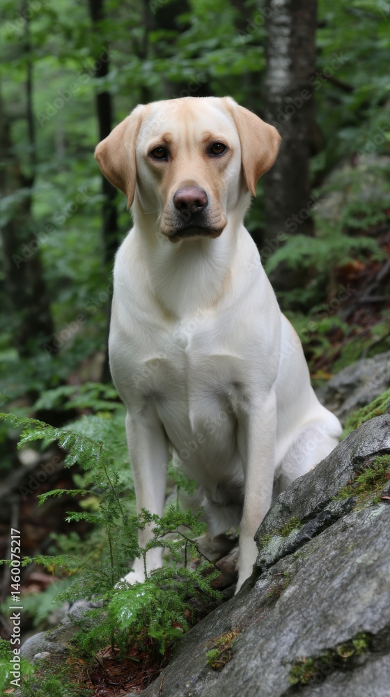 Majestic Yellow Labrador Retriever Portrait Sitting Calmly on Forest Rock Loyal Companion in Woods Outdoor Serenity Nature Scene Majestic Yellow Labrador Retriever Portrait Sitting Calmly on Forest Rock Loyal Companion in Woods Outdoor Serenity Nature Scene