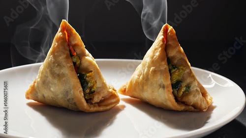Hot samosas steaming on white plate, close up