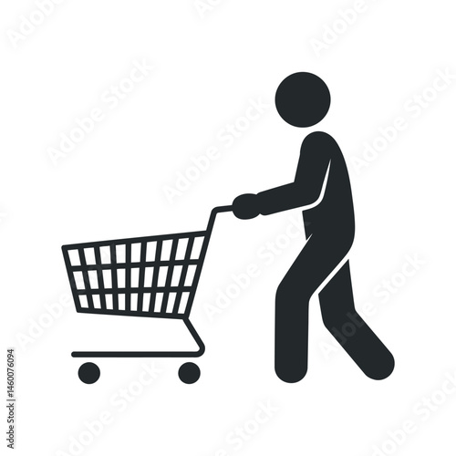 Simple pictogram of a person pushing a shopping cart indicating shopping consumerism retail