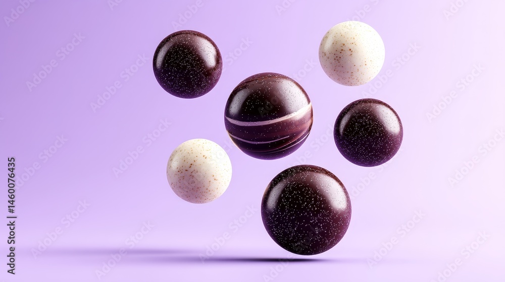 Fototapeta premium Stylish Floating Chocolate Spheres - Elegant chocolate spheres, swirling patterns, creamy texture, levitation, delicious treat. Symbolizing luxury, indulgence, artistry, sweetness, and perfection