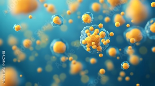 Detailed scientific microscopic visualization of antioxidant curcumins neutralizing free radicals on serene blue background