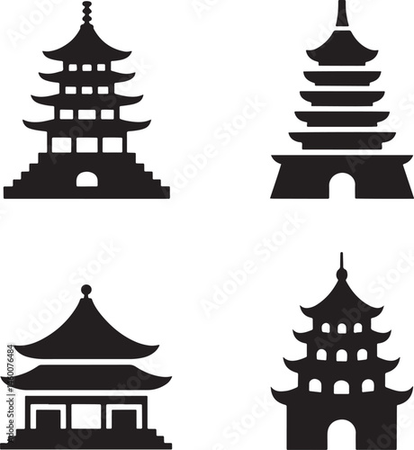 Chinese pagodas silhouette set vector illustration isolated On Transparent Background