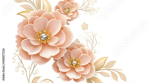 Floral arrangement with peach colored flowers and golden accents for design and decoration elements