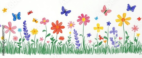 Colorful Wax Crayon Flowers and Butterfly Illustrations on White Background