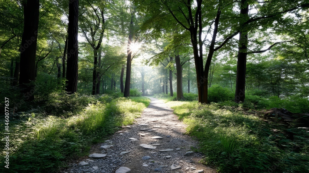 Obraz premium Sunlit Forest Path Serenity - A tranquil forest path bathed in sunlight, symbolizing peace, nature, journey, hope, and discovery