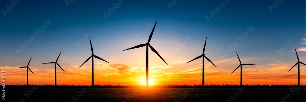 Fototapeta premium Sunset Wind Farm Energy - Silhouetted wind turbines stand tall against a vibrant sunset, showcasing clean energy production