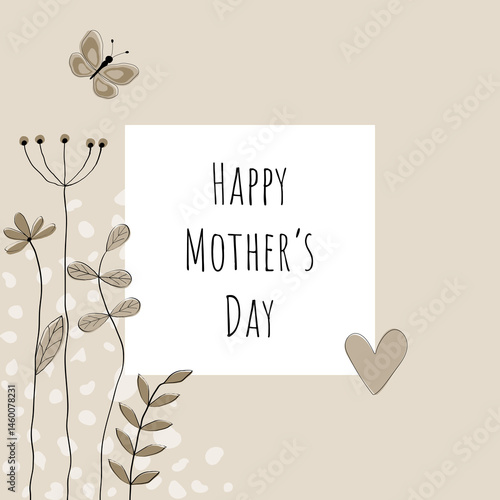 Happy Mother’s Day - Schriftzug in englischer Sprache - Alles Gute zum Muttertag. Quadratische Grußkarte in beige mit Herz, Schmetterling und Blumen auf einem Rahmen.