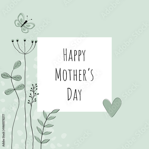 Happy Mother’s Day - Schriftzug in englischer Sprache - Alles Gute zum Muttertag. Quadratische Grußkarte in Pastellgrün mit Herz, Schmetterling und Blumen auf einem Rahmen.