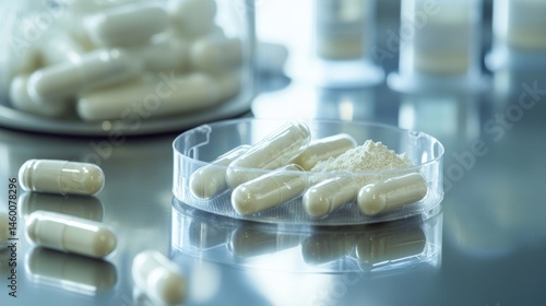 High resolution professional photograph showcasing lactoferrin supplement capsules on a clean laboratory table with precise scientific detail