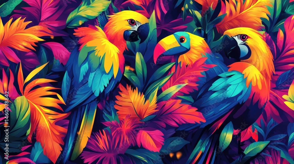 Fototapeta premium Vibrant Macaws and Tropical Foliage in Vivid Colors