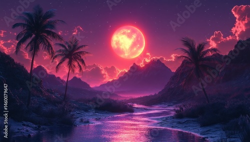 Tropical river at night, red moon, mountains, palm trees