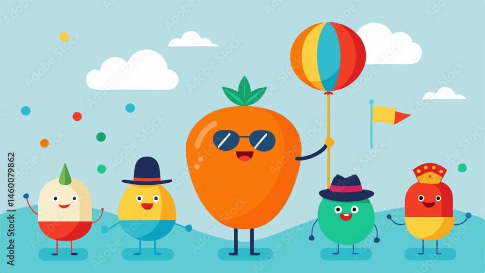 Fototapeta premium Talking Vegetables Parade A colorful scene showing an array of anthropomorphized vegetableslike a tomato wearing sunglasses and a carrot with a top hatmarching in a parade. Each