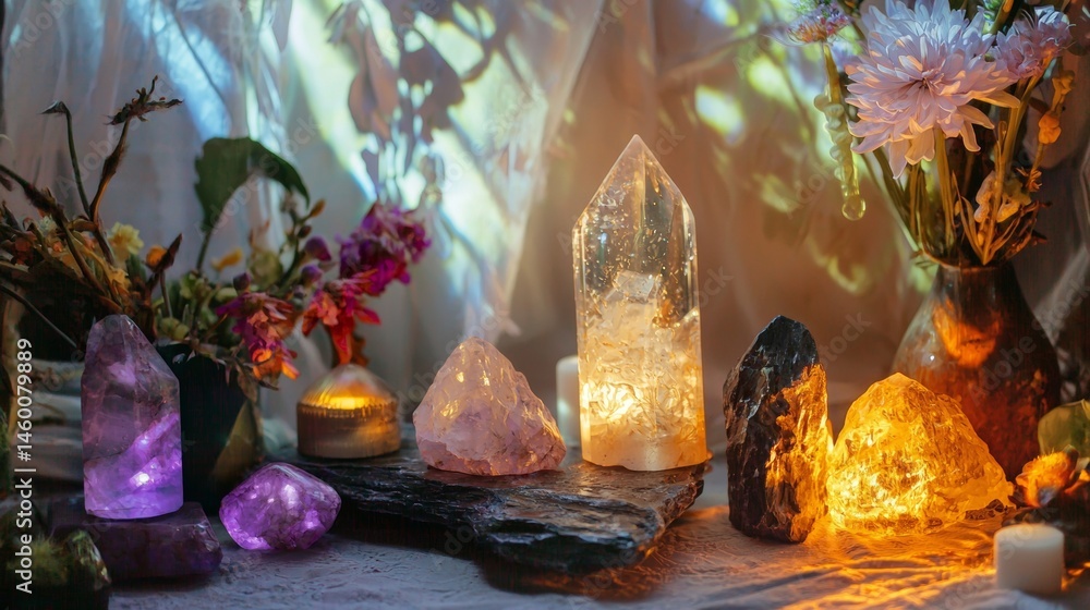 Fototapeta premium Mystic crystal arrangement glowing with light and flowers for spiritual healing wellness energy meditation