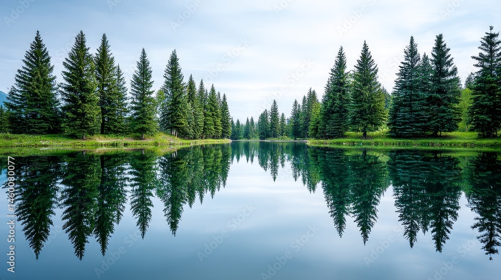 Tranquil Evergreen Reflection - Serene lake mirroring evergreen trees, symbolizing peace, nature, reflection, tranquility, and serenity Tranquil Evergreen Reflection - Serene lake mirroring evergreen trees, symbolizing peace, nature, reflection, tranquility, and serenity